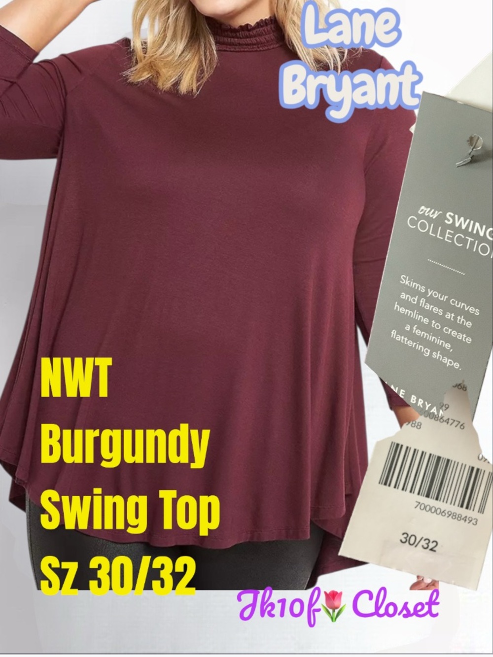 LOWEST🌺 NWT Lane Bryant Sz30/32 Burgundy Smocked Neck Swing Tunic Top